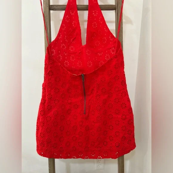 Free People Embroidered Halter Trevi Eyelet Mini Dress Red Women M NWT Boho - Picture 5 of 9
